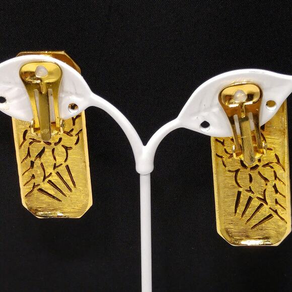 Art Deco Style Large Earrings, Clear Rhinestones, Black Enamel, 1980s Vintage - Picture 4 of 10